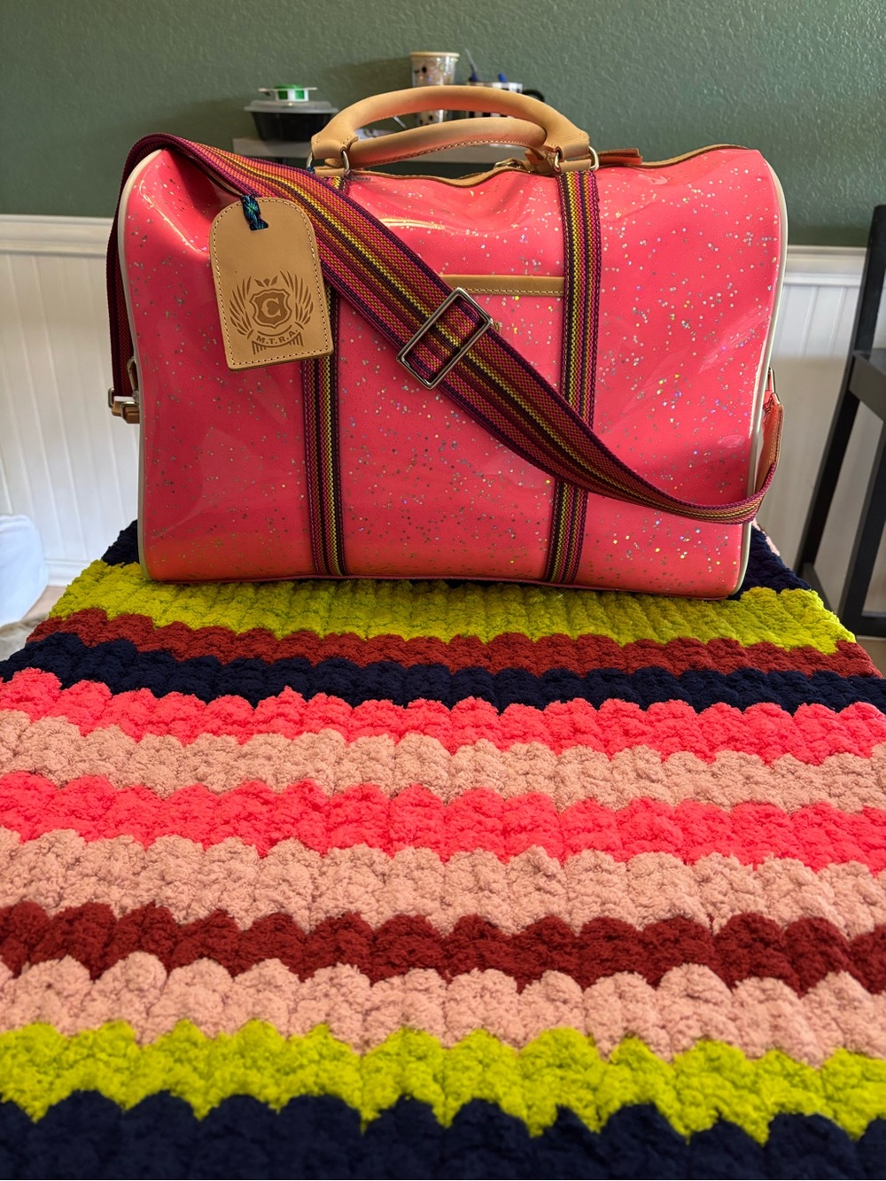 Consuela Coral Pink Glitter Tote with Multicolor Strap